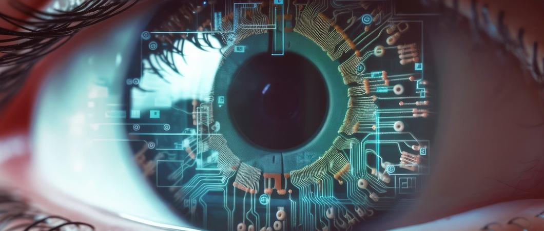 Macrophotographie d'un œil humain avec des circuits imprimés dans l'iris.