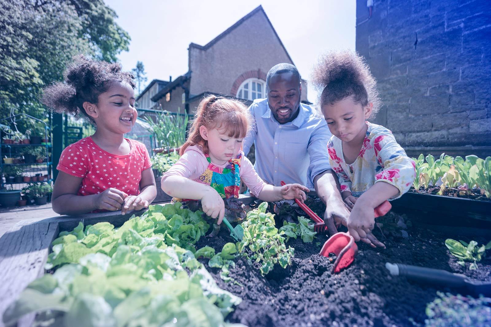 Un adulte et trois enfants jardinant ensemble dans un jardin communautaire, plantant des légumes par une journée ensoleillée.