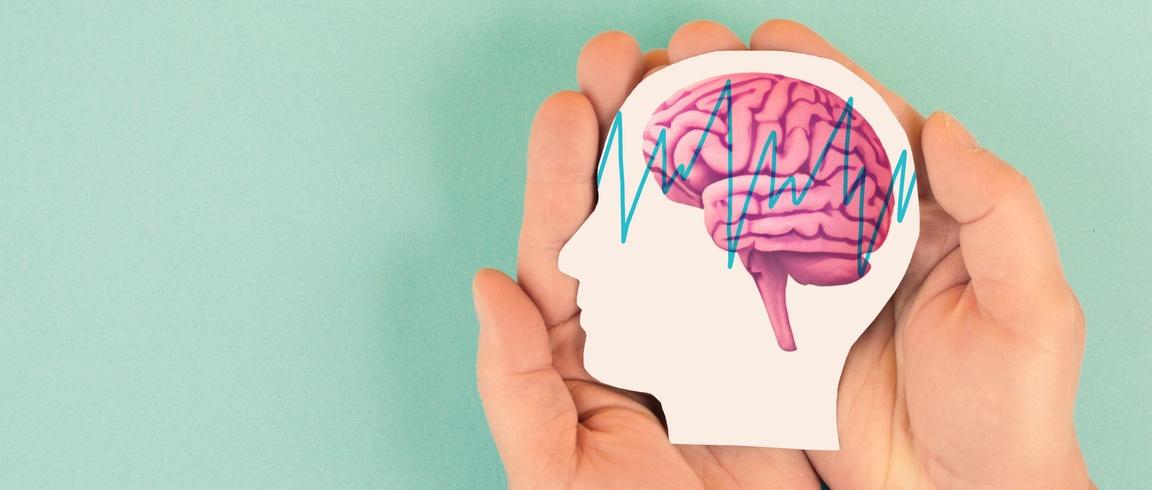 Cerveau humain rose, tenu dans les mains avec icône de battement de coeur bleu sur fond vert
