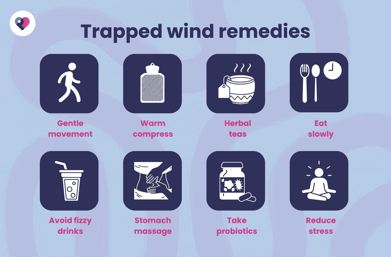 Infographic showing eight home remedies to help get rid of trapped wind including gentle movement, warm compress, herbal teas, eating slowly, and stress reduction.