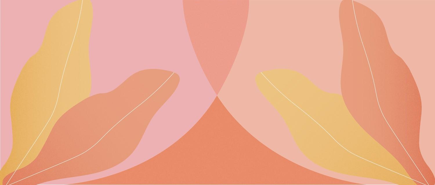 Art abstrait présentant des formes organiques fluides dans des tons chauds de pêche, de corail et de jaune sur un fond rose tendre.