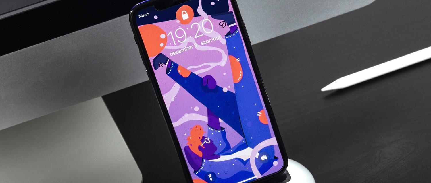 Smartphone affichant un fond d'écran abstrait coloré avec des formes violettes et bleues, indiquant 19:20 le 9 décembre.